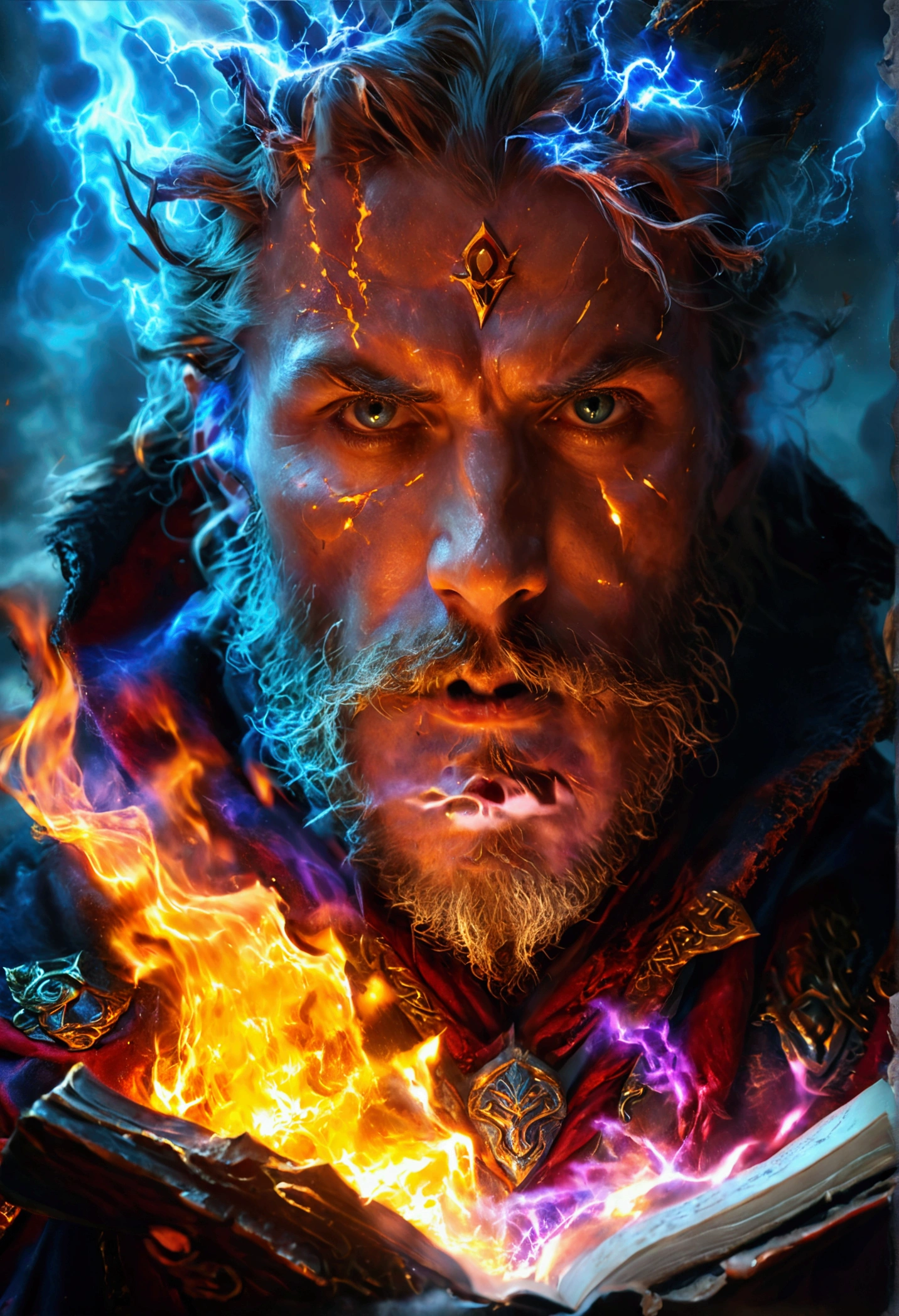 A man mage with a grimoire of fire, ice and lightning, dramatic portrait, highly detailed face, piercing eyes, powerful expression, intricate robes, epic fantasy scene, moody lighting, cinematic, dramatic colors, digital art, concept art, 8k, photorealistic, masterpiece
