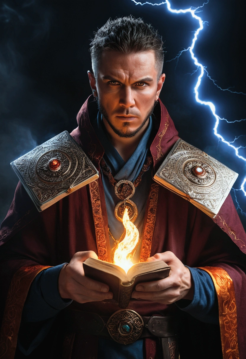A man mage with a grimoire of fire, ice and lightning, dramatic portrait, highly detailed face, piercing eyes, powerful expression, intricate robes, epic fantasy scene, moody lighting, cinematic, dramatic colors, digital art, concept art, 8k, photorealistic, masterpiece