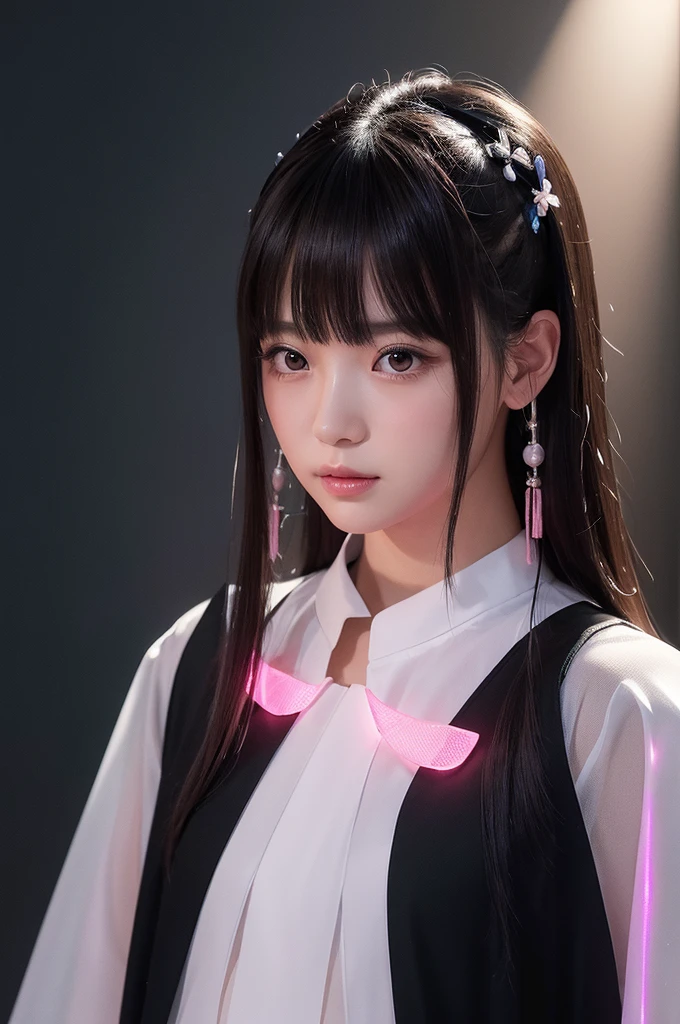 This image is、A super-realistic live-action illustration of a beautiful Japanese girl character.。Characters、Wearing a black and transparent thin fabric outfit、Decorated with attention to detail。The background is mainly white.、Pink lights and effects are scattered here and there.、It creates a fantastic atmosphere。The character is posed simply standing facing forward.、Her eyes shine brightly、Gives an attractive impression。The technique of illustration、The use of light and shadow is very realistic.、The texture of the character's hair and clothing is drawn in detail.。The composition is neat and vertical.、Overall it is a beautifully balanced piece.。