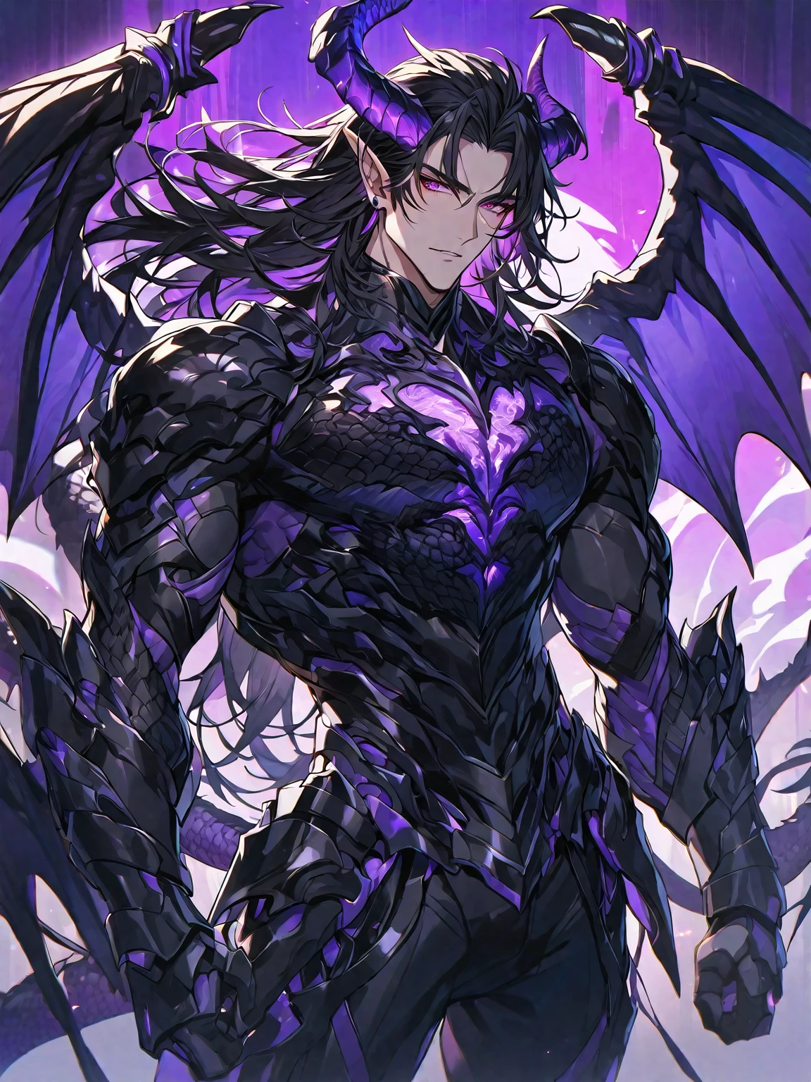 One, handsome, 1 man, with a sporty body, V-shaped body, black detailed armour with glowing purple details, black dragon horns, black dragon wings long hair, black hair, purple with red reptile eye tones, purple threads, black light