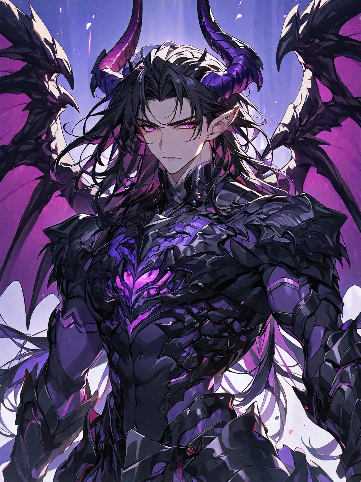 One, handsome, 1 man, with a sporty body, V-shaped body, black detailed armour with glowing purple details, black dragon horns, black dragon wings long hair, black hair, purple with red reptile eye tones, purple threads, black light