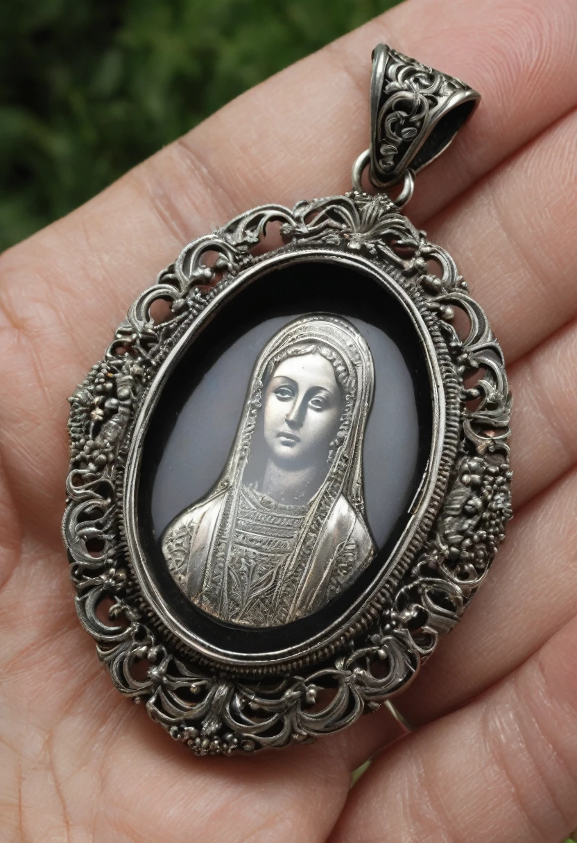 antique silver oval reliquary pendant for two photos, opens and closes, photo inside it, 8k, realistic, photography, dark setting