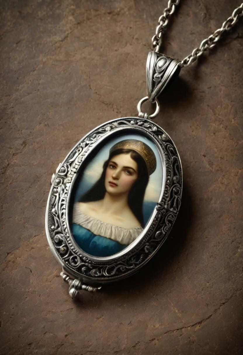 antique silver oval reliquary pendant for two photos, opens and closes, photo inside it, 8k, realistic, photography, dark setting