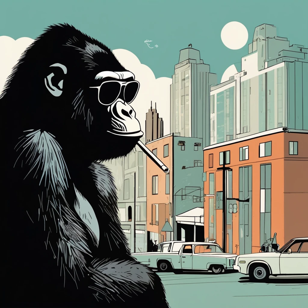 gorilla-like , sweet,very cute,art by Sophie Roach , art by Jon Klassen , art by Michael Cho , art by Sophie Roach、sunglasses,campimg,smoking,city