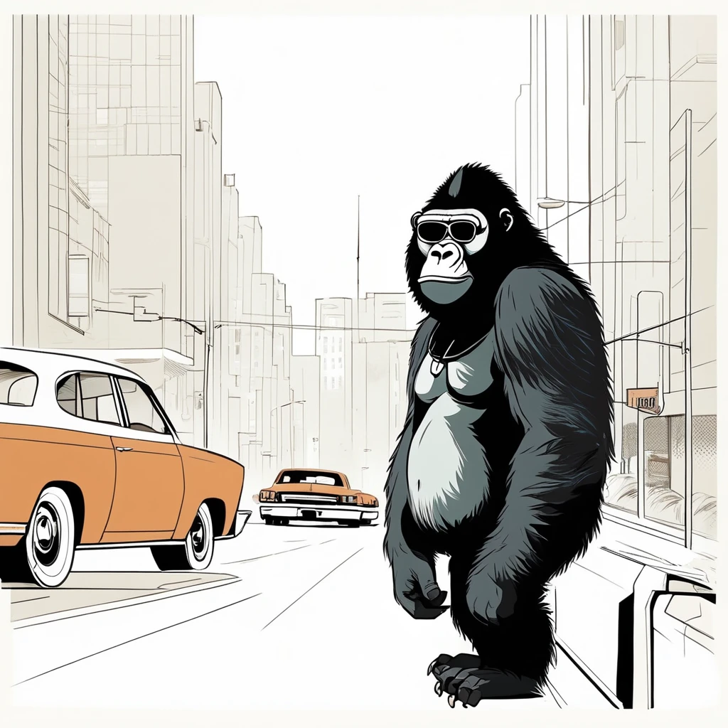 gorilla-like , sweet,very cute,art by Sophie Roach , art by Jon Klassen , art by Michael Cho , art by Sophie Roach、sunglasses,campimg,smoking,city