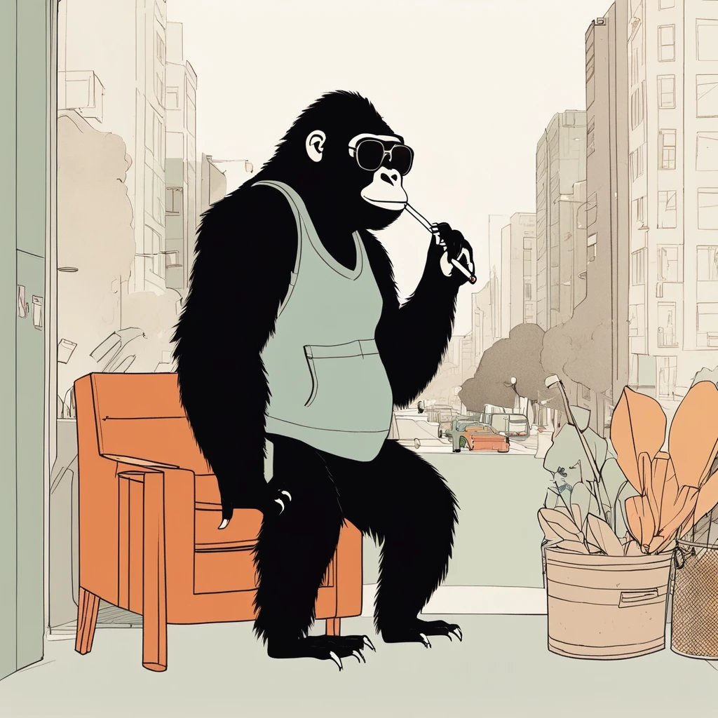 gorilla-like , sweet,very cute,art by Sophie Roach , art by Jon Klassen , art by Michael Cho , art by Sophie Roach、sunglasses,campimg,smoking,city