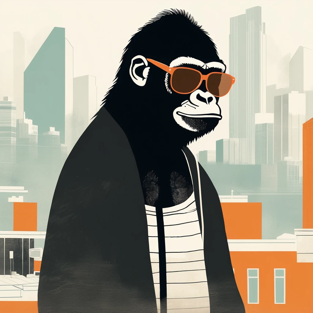 gorilla-like , sweet,very cute,art by Sophie Roach , art by Jon Klassen , art by Michael Cho , art by Sophie Roach、sunglasses,campimg,smoking,city