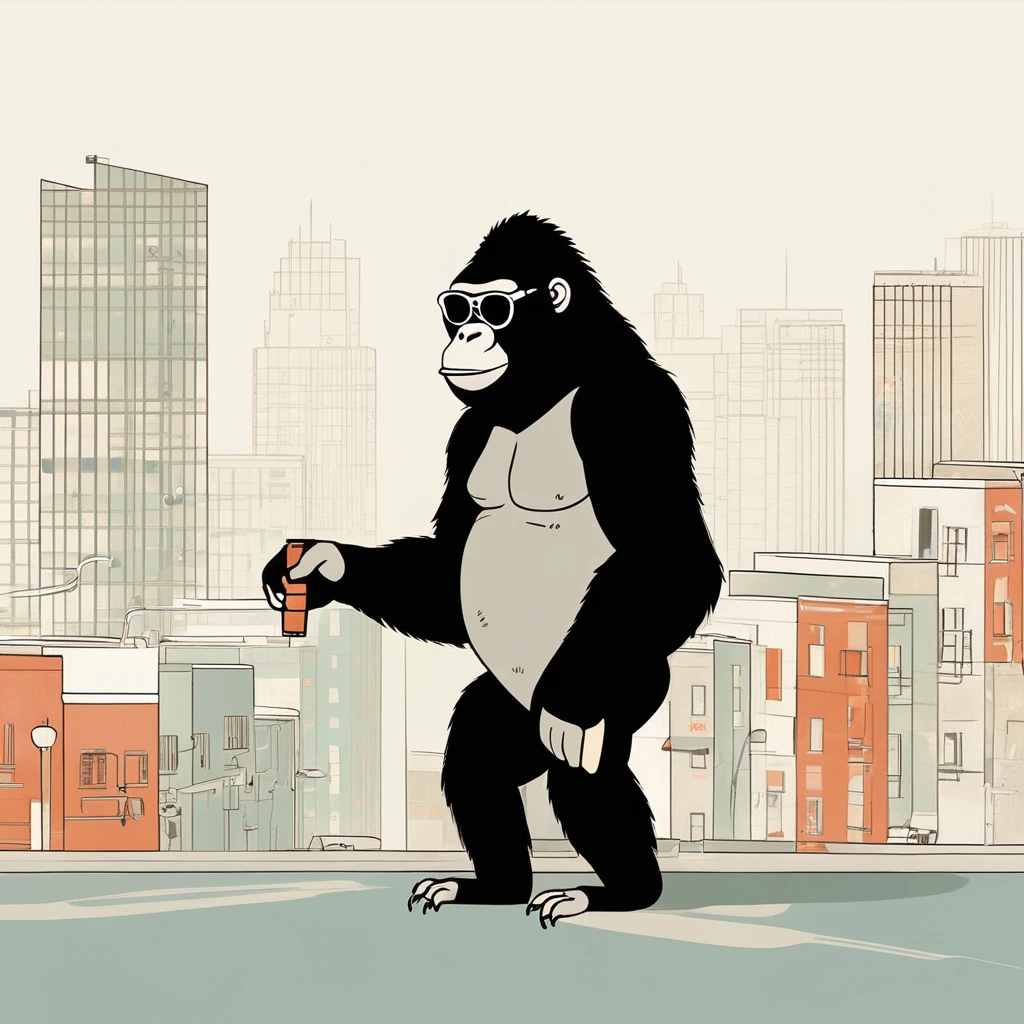 gorilla-like , sweet,very cute,art by Sophie Roach , art by Jon Klassen , art by Michael Cho , art by Sophie Roach、sunglasses,campimg,smoking,city