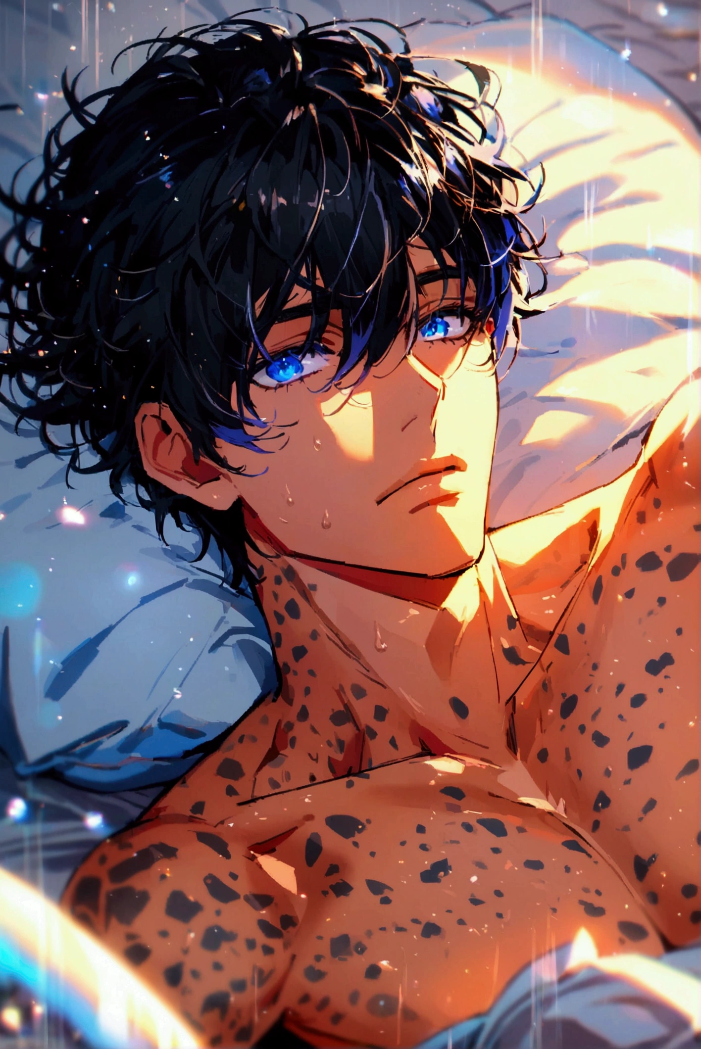 A stunning animie male with Black hair. His eyes are practically covered with his hair. His eyes are two diffrent colors, one blue, one purple, indoors, shirtless, on bed, naked, dick