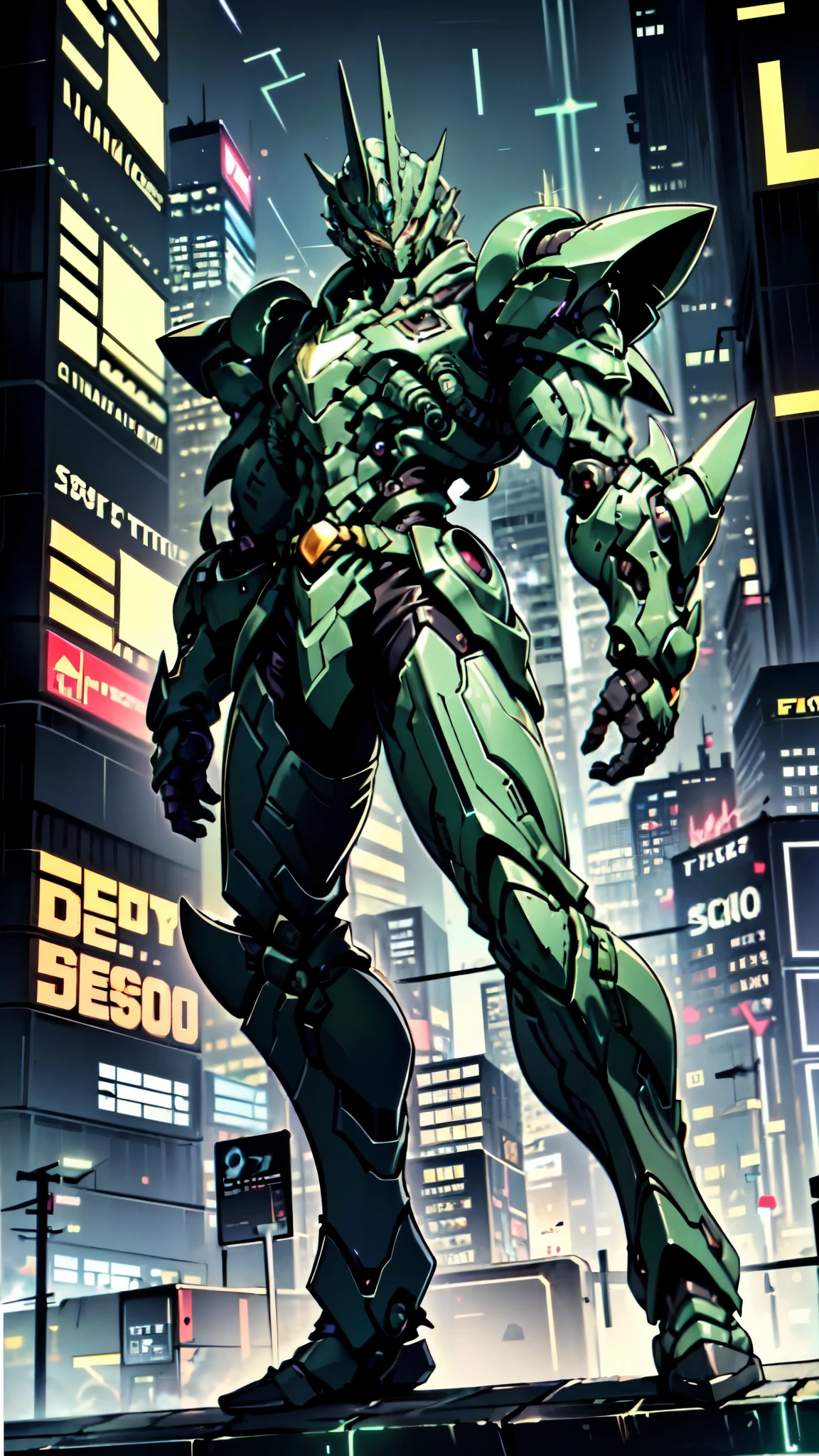 (masterpiece:1.5, best quality:1.5, extremely delicate:1.5, foreshortening:1.5, dynamic angle:1.5), a man wearing a full-face helmet, a fantasy-style biotech armored combat suit, green eyes, (a composite layered chest armor), fully enclosed shoulder guards, matching arm and leg guards, the belt is adorned with neon circuitry, (the color scheme is primarily black glow with green and red accents), the design balances heavy with agility, a high-tech bio-mecha armor, (Armor Concept Inspired by neon Cyberpunk, stand on the top of a skyscraper in a futuristic sci-fi city), this character embodies a finely crafted fantasy-surreal style armored hero in anime style, exquisite and mature manga art style, (element, plasma, energy, the armor glows), ((male:1.5)), metallic, high definition, highres, ultra-detailed, ultra-fine painting, professional, perfect body proportions, golden ratio, anatomically correct, symmetrical face, extremely detailed eyes and face, high quality eyes, creativity, RAW photo, UHD, 32k, Natural light, cinematic lighting, masterpiece-anatomy-perfect