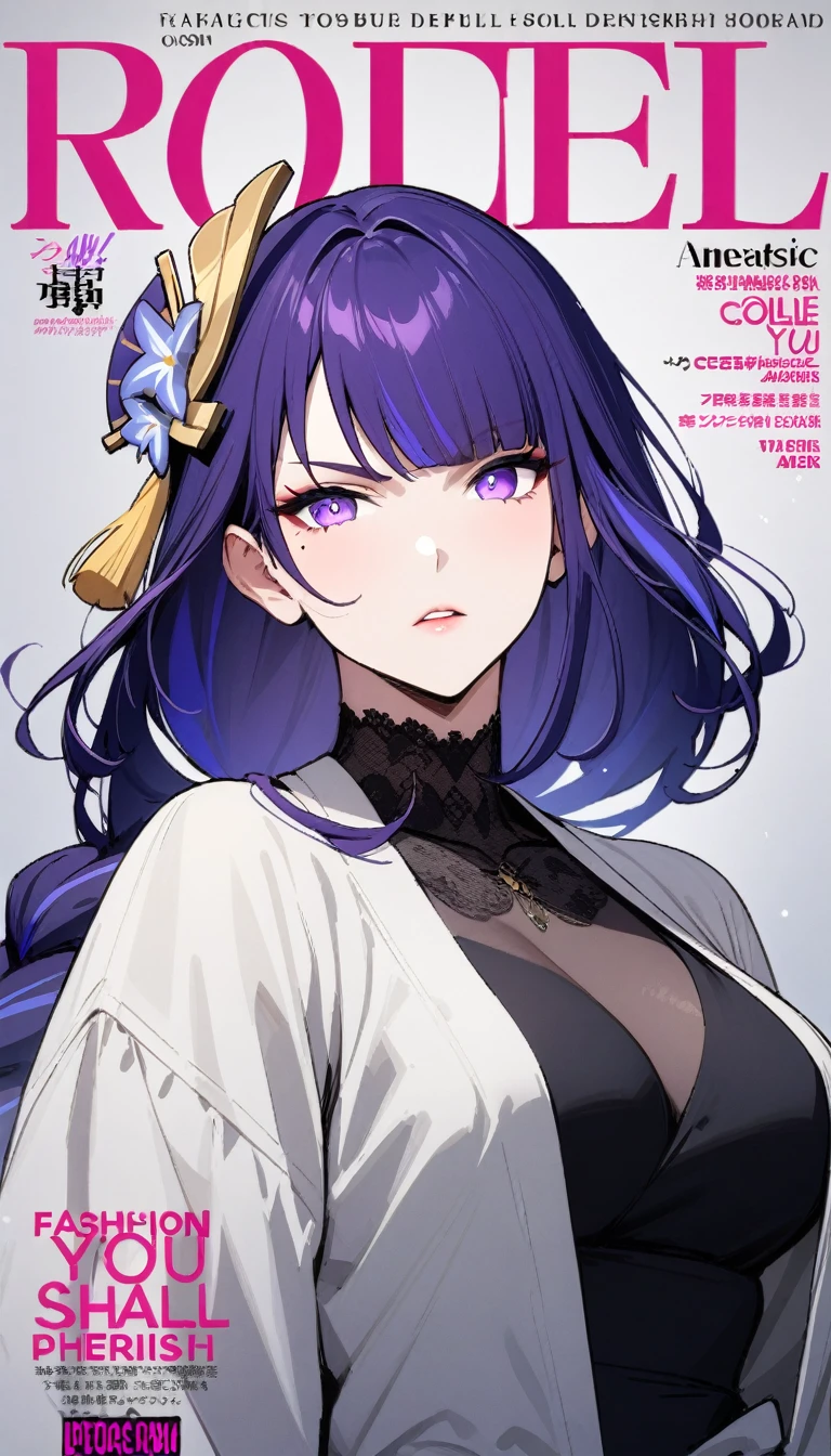 masterpiece, best quality, 1girl, milf, fashion Magazine Cover, portrait, Raiden Shogun Genshin Impact, purple hair, braided hair, fashion, (deep cleavege), fierce pose, medium shot, majestic, depth, (text say "YOU SHALL PHERISH!!"), japanese casual clothes, open jacket