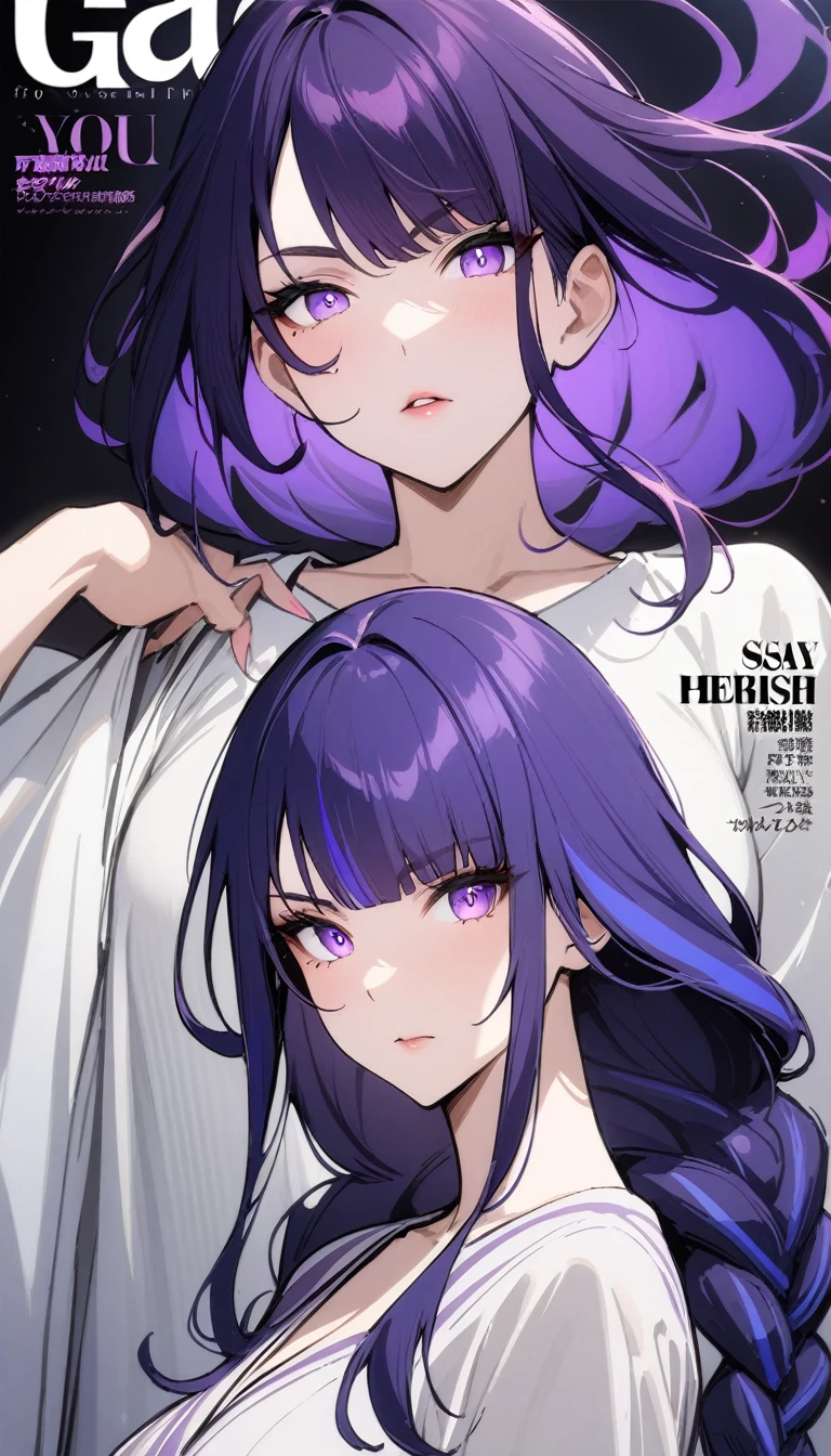 masterpiece, best quality, 1girl, milf, fashion Magazine Cover, portrait, Raiden Shogun Genshin Impact, purple hair, braided hair, fashion, (deep cleavege), fierce pose, medium shot, majestic, depth, (text say "YOU SHALL PHERISH!!"), japanese casual clothes, open jacket