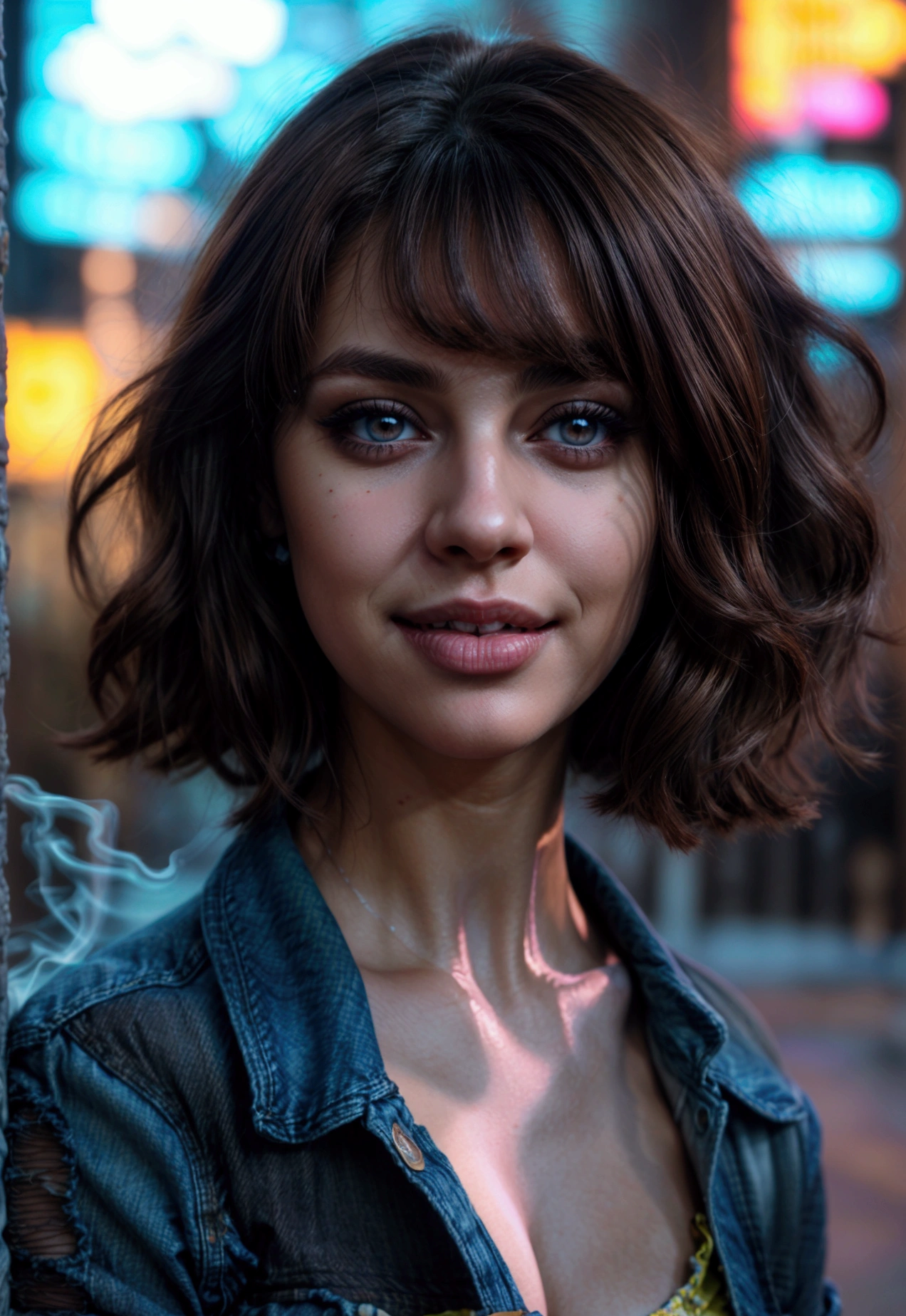 Caucasian female, brown eyes with strong eye makeup, sharp face, sharp nose, strongly wavy brown hair, thick lips, mouth with a smile slightly turned to the right, psychedelic background, with smoke covering half the body, in the city night, in a ripped denim skirt, and transparent gray denim top in black, legs thick
