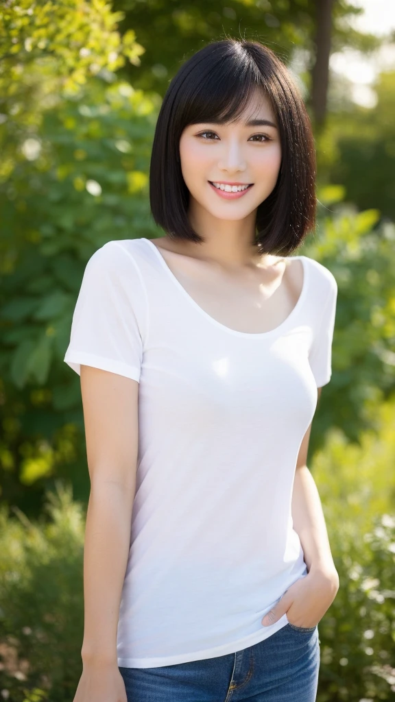 (real, High resolution:1.3), Short black hair, White T-shirt:1.2, jeans, Male body with female face、A dainty man dressed as a woman、Natural photography、Transsexual、ultra High quality、Cross-dressing men、smile
