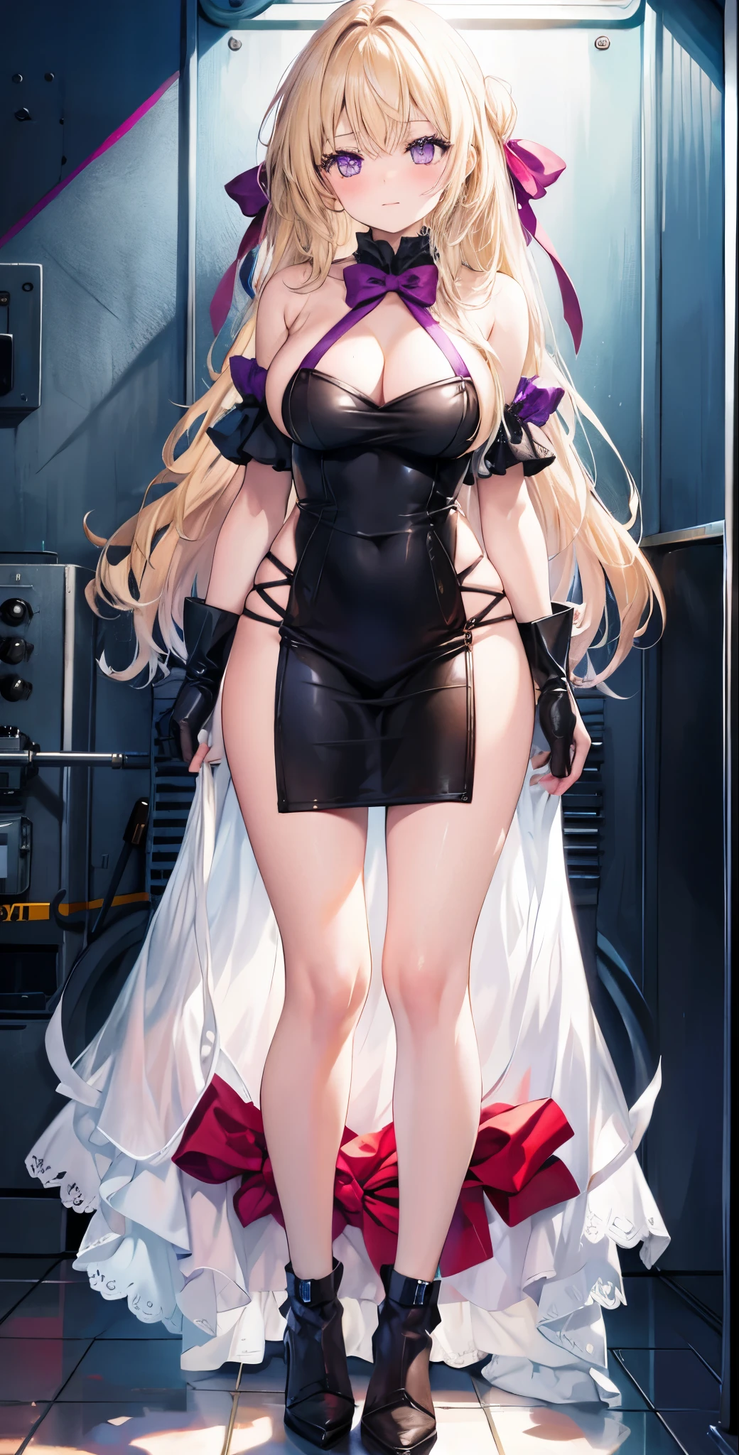 girl,Large Breasts,long hair,Topless,Bow,Blonde hair, Purple Eyes,