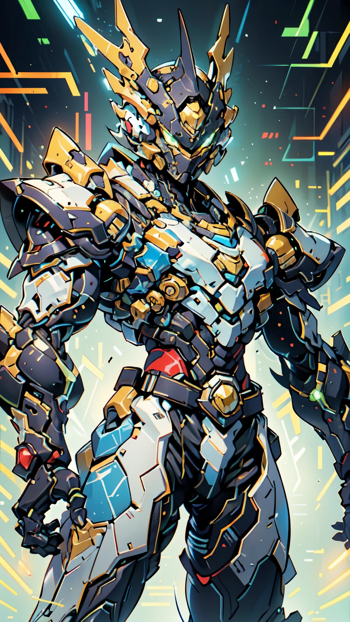 (masterpiece:1.5, best quality:1.5, extremely delicate:1.5, foreshortening:1.5, dynamic angle:1.5), a man wearing a full-face helmet, a fantasy-style biotech armored combat suit, green eyes, (a composite layered chest armor), fully enclosed shoulder guards, matching arm and leg guards, the belt is adorned with neon circuitry, (the color scheme is primarily white glow with red and blue accents), the design balances heavy with agility, a high-tech bio-mecha armor, (Armor Concept Inspired by neon Cyberpunk, stand on the top of a skyscraper in a futuristic sci-fi city), this character embodies a finely crafted fantasy-surreal style armored hero in anime style, exquisite and mature manga art style, (element, plasma, energy, the armor glows), ((male:1.5)), metallic, high definition, highres, ultra-detailed, ultra-fine painting, professional, perfect body proportions, golden ratio, anatomically correct, symmetrical face, extremely detailed eyes and face, high quality eyes, creativity, RAW photo, UHD, 32k, Natural light, cinematic lighting, masterpiece-anatomy-perfect