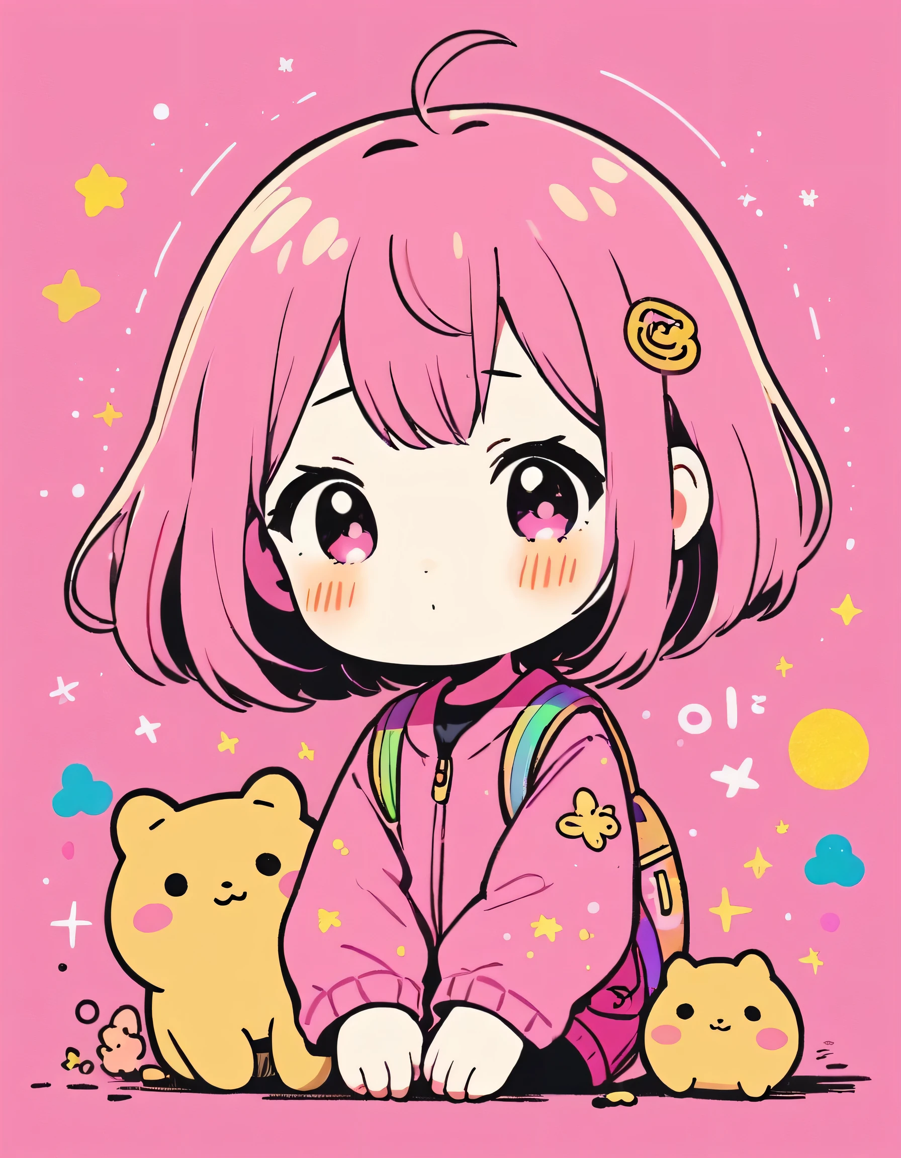 Hayaon Miyazaki style, Gold and Pink style, Simple Line Initialism,Abstract art,Kawaii Design, The most beautiful girl of all time、chibi, Cute and colorful pillbugs, The background is a glittering rainbow color