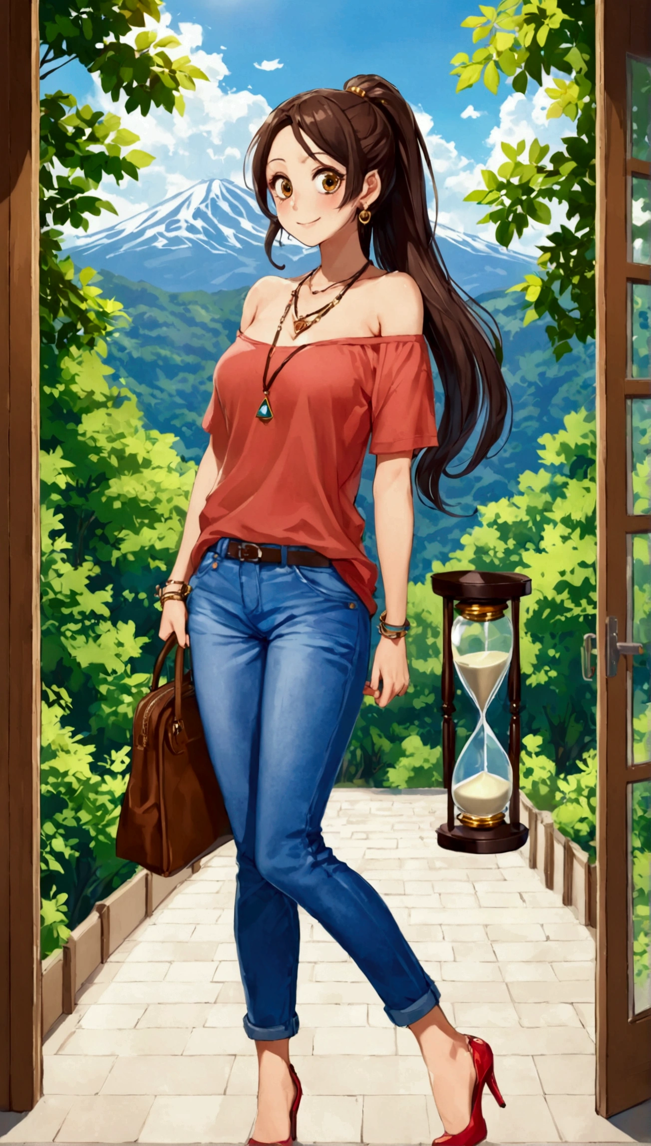 In a private institute for women, a beautiful female student, summer, midday, in the halls of the weekend school, summer atmosphere, smiling, flushed face, winking, back turned, looking over her shoulder, clear sky, large windows, forest and mountains in the background, /(Extremely long straight hair styled in a ponytail, big eyes, hourglass athletic body, big chest, medium hip, medium waist, shapely legs, perfect fingers, Greek nose, perfect hands, triangular face,), /(Casual clothes: mid-hip denim pants, off-shoulder baggy top t-shirt, hair brooch, earrings, bracelet, necklace, medium stiletto shoes,)
