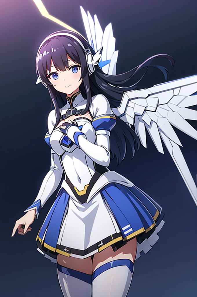 Mecha Wings、White and blue skirt、Accentuated thighs、White tights、chest、Beautiful black hair、1 girl、solo girl、Thick thighs、is、Frame Arms Girl、Alice Gere Aegis、White Armor、Blue and purple lines、income、headphone、hand on own chest、smile、idol costume、Shiba Miyuki