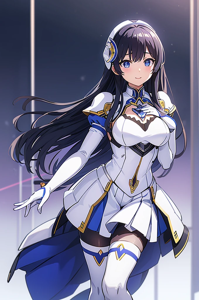 Mecha Wings、White and blue skirt、Accentuated thighs、White tights、chest、Beautiful black hair、1 girl、solo girl、Thick thighs、is、Frame Arms Girl、Alice Gere Aegis、White Armor、Blue and purple lines、income、headphone、hand on own chest、smile、idol costume、Shiba Miyuki