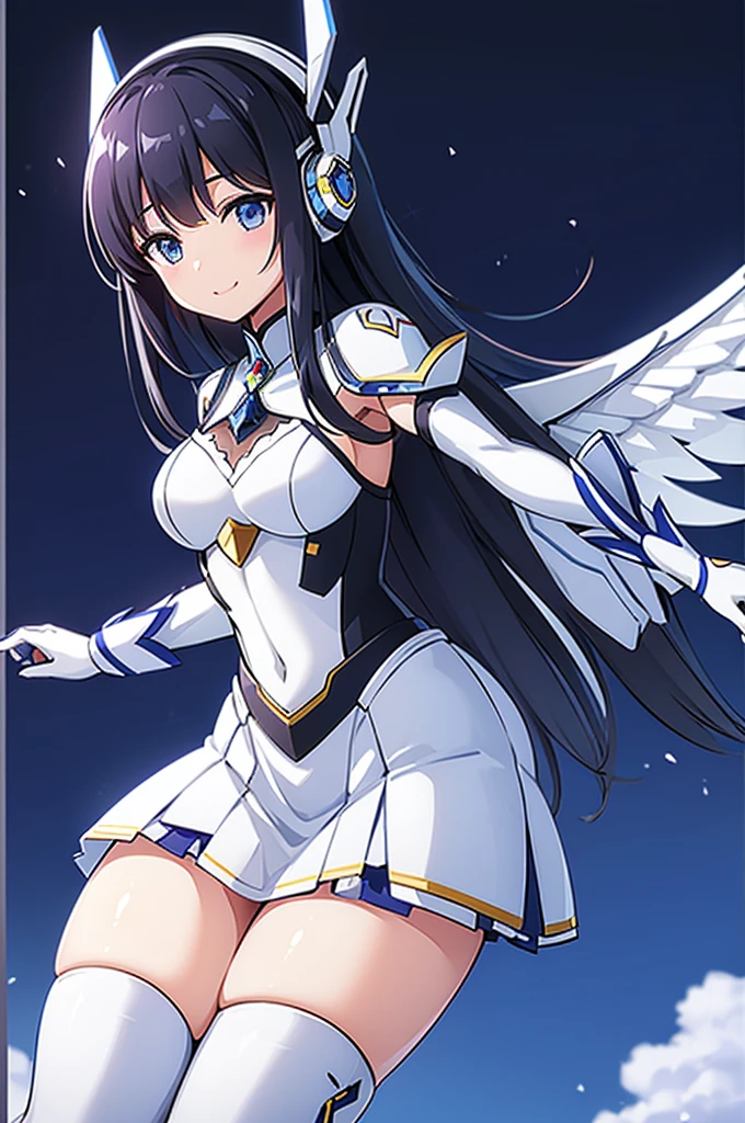 Mecha Wings、White and blue skirt、Accentuated thighs、White tights、chest、Beautiful black hair、1 girl、solo girl、Thick thighs、is、Frame Arms Girl、Alice Gere Aegis、White Armor、Blue and purple lines、income、headphone、hand on own chest、smile、idol costume、Shiba Miyuki