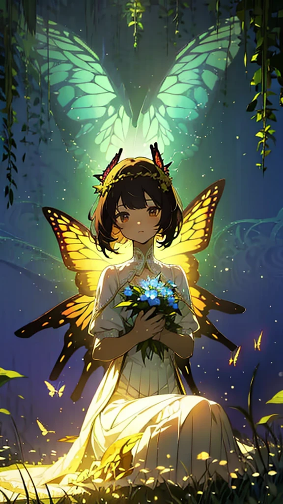1 girl, dark brown hair, gold eyes, White skin, dressed in a white dress with lace and pleats, butterfly shaped fairy wings, majestic and elegant posture, whole body, sitting on a tree throne, green lights, flower crown on her head, soft smile, gentle.
