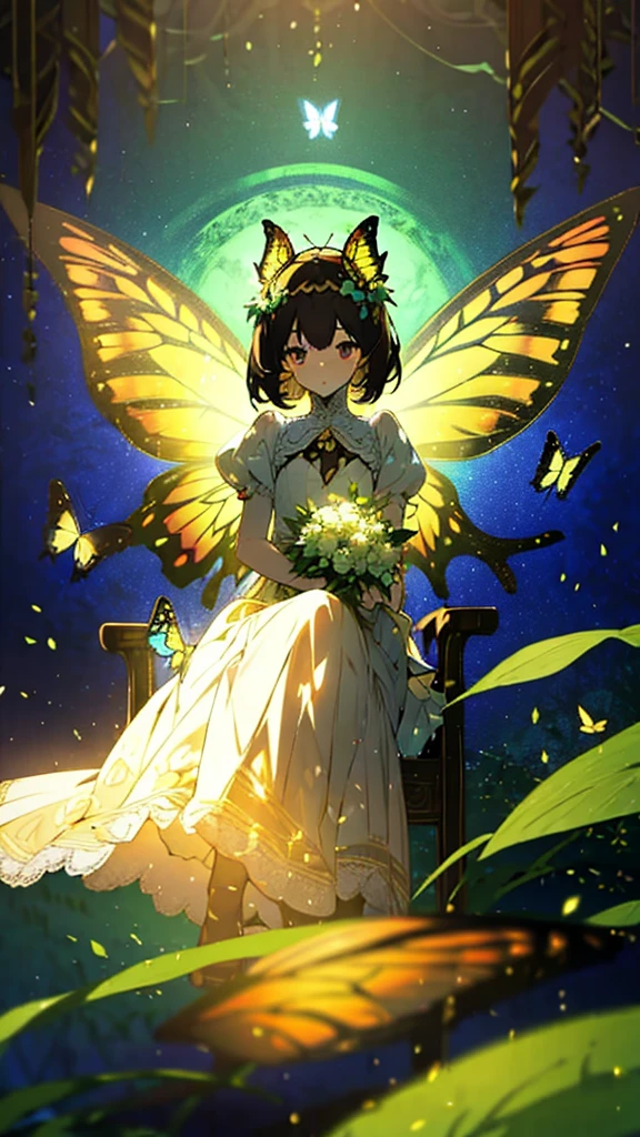 1 girl, dark brown hair, gold eyes, White skin, dressed in a white dress with lace and pleats, butterfly shaped fairy wings, majestic and elegant posture, whole body, sitting on a tree throne, green lights, flower crown on her head, soft smile, gentle.