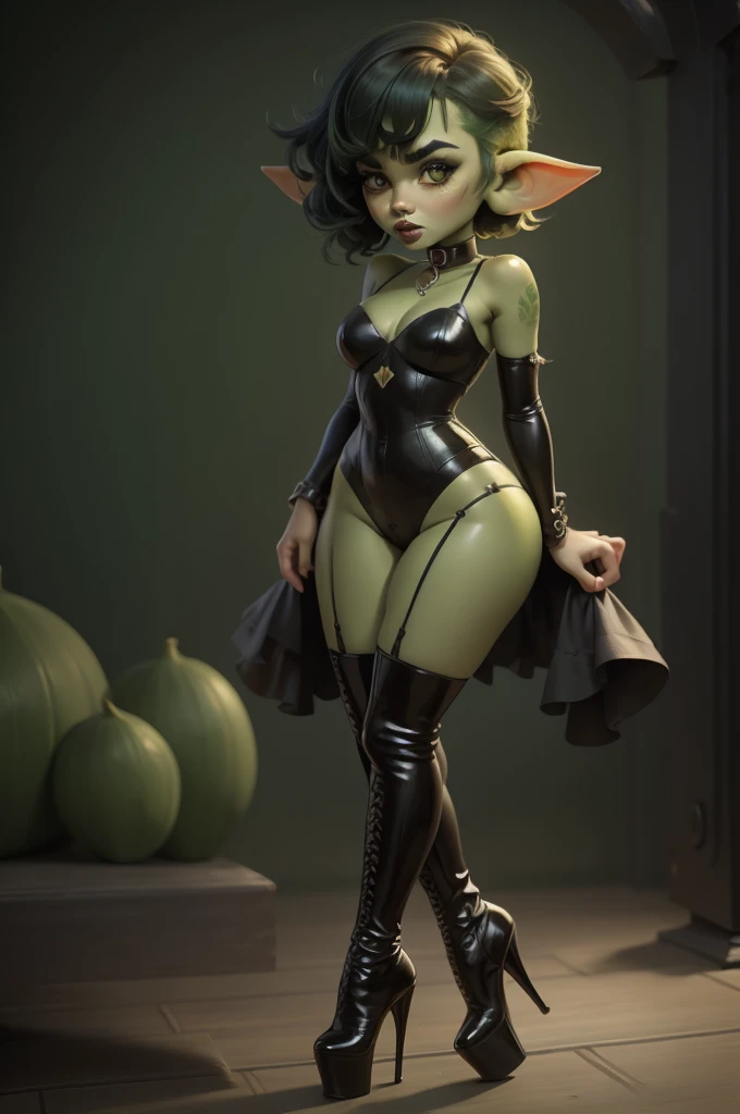 Goblin girl. green skin. very short hairstyle. choker. black pouty lips. big , hourglass figure, goth, eyeshadow, eyeliner, thigh high boots, high heels, ruding crop