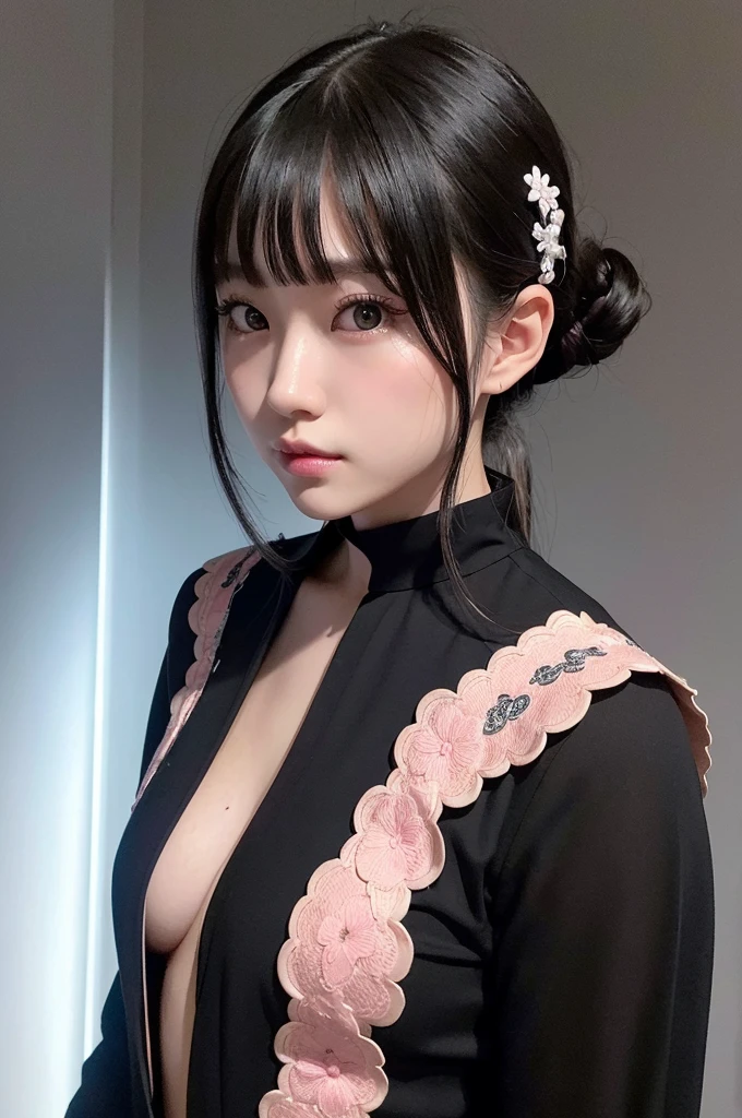 This image is、A super-realistic live-action illustration of a beautiful Japanese girl character.。Characters、Wearing a black and transparent thin fabric outfit、Decorated with attention to detail。The background is mainly white.、Pink lights and effects are scattered here and there.、It creates a fantastic atmosphere。The character is posed simply standing facing forward.、Her eyes shine brightly、Gives an attractive impression。The technique of illustration、The use of light and shadow is very realistic.、The texture of the character&#39;s hair and clothing is drawn in detail.。The composition is neat and vertical.、Overall it is a beautifully balanced piece.。
