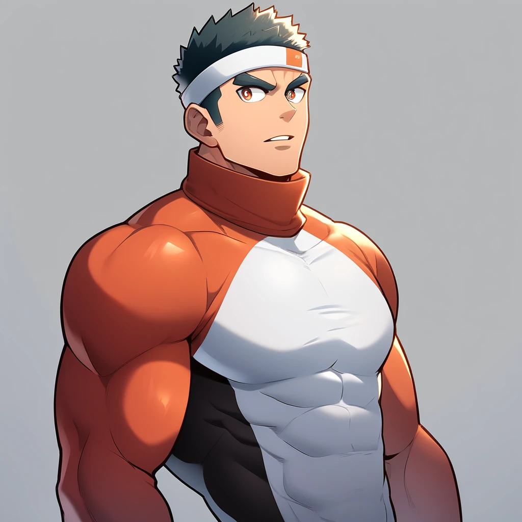 anime characters:Gyee, Muscle Sports Student, Manliness, sports headband, male focus, Cute boy with big eyes, Mike WHite high collar long sleeve tight T-shirt, Slightly transparent material, Very tight, Round, full and perky chest muscles, Slightly transparent, muscular male, muscular, only, Upper body, alone, Black short hair, Thick eyebrows, stubble, Cute little eyes, Brown-red pupils, Grey background, simple background, amazing quality, best aesthetics, Ridiculous, crew cut, parted lips, v-shaped eyebrows, jitome, best quality