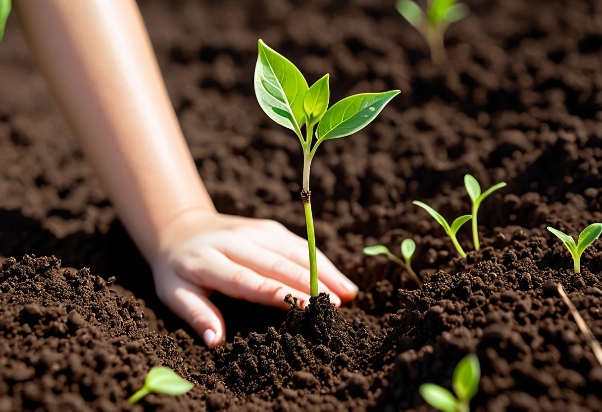 Generate a highly detailed and vibrant close-up photo of a tree seedling emerging from the soil, symbolizing new growth and renewal for Earth Day. The scene should capture the delicate, bright green leaves of the seedling as they unfurl from the stem, with fine details visible on the leaves and stem. The rich, dark soil should appear moist and textured, with small particles and organic matter clearly visible. Soft, natural lighting should create a gentle glow, highlighting the freshness and vitality of the young plant. The background should be softly blurred to keep the focus on the seedling, evoking a sense of hope and connection to nature. This photo should be visually captivating and convey the essence of Earth Day and the importance of nurturing our planet.