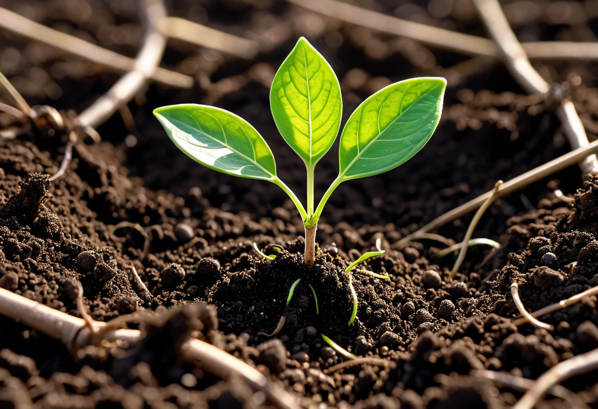 Generate a highly detailed and vibrant close-up photo of a tree seedling emerging from the soil, symbolizing new growth and renewal for Earth Day. The scene should capture the delicate, bright green leaves of the seedling as they unfurl from the stem, with fine details visible on the leaves and stem. The rich, dark soil should appear moist and textured, with small particles and organic matter clearly visible. Soft, natural lighting should create a gentle glow, highlighting the freshness and vitality of the young plant. The background should be softly blurred to keep the focus on the seedling, evoking a sense of hope and connection to nature. This photo should be visually captivating and convey the essence of Earth Day and the importance of nurturing our planet.