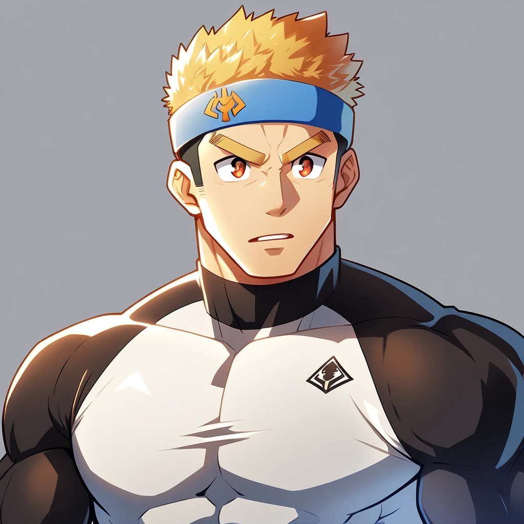 anime characters：Gyee, Muscle Sports Student, Manliness, sports headband, male focus, Cute boy with big eyes, Mike WHite high collar long sleeve tight T-shirt, Slightly transparent material, Very tight, Round, full and perky chest muscles, Slightly transparent, muscular male, muscular, only, Upper body, alone, Black short hair, Thick eyebrows, stubble, Cute little eyes, Brown-red pupils, Grey background, simple background, amazing quality, best aesthetics, Ridiculous, crew cut, parted lips, v-shaped eyebrows, jitome, best quality