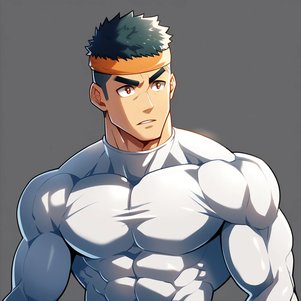 anime characters:Gyee, Muscle Sports Student, Manliness, sports headband, male focus, Cute boy with big eyes, Mike WHite high collar long sleeve tight T-shirt, Slightly transparent material, Very tight, Round, full and perky chest muscles, Slightly transparent, muscular male, muscular, only, Upper body, alone, Black short hair, Thick eyebrows, stubble, Cute little eyes, Brown-red pupils, Grey background, simple background, amazing quality, best aesthetics, Ridiculous, crew cut, parted lips, v-shaped eyebrows, jitome, best quality