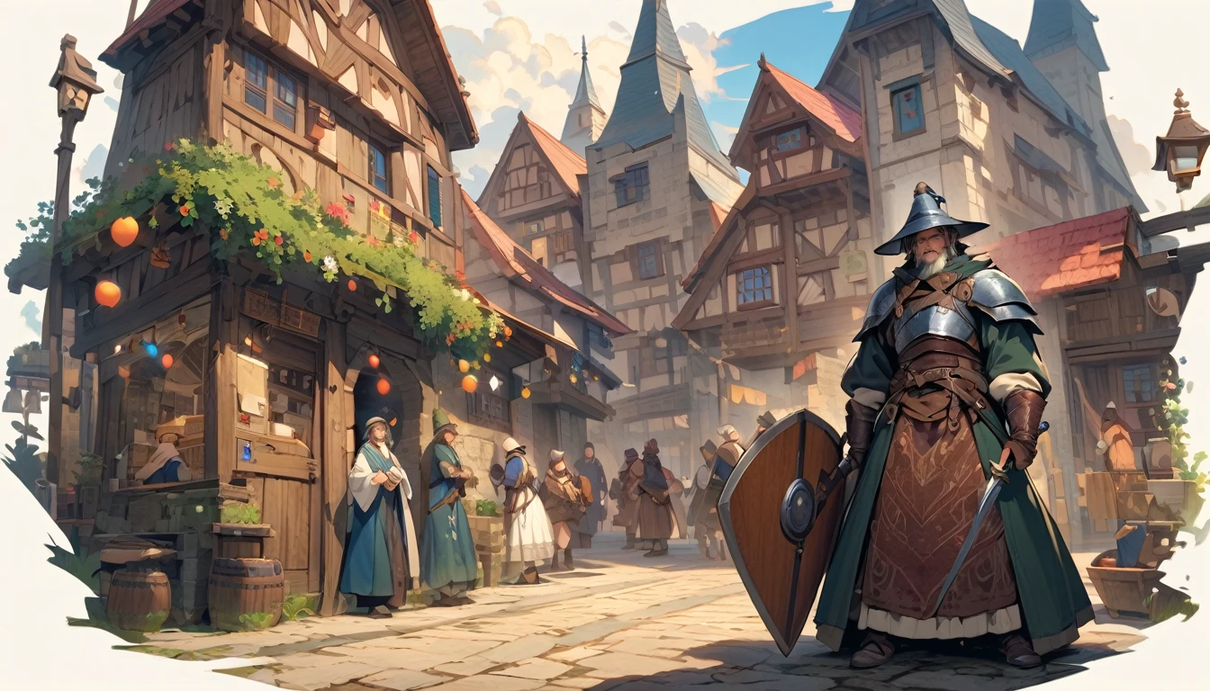 (masterpiece:1.4), (Highest quality:1.4), Very detailed, Complex, Very detailed, shape,Soft lighting, In the city, More than one personで語り合う, Hopeful Face, smile, More than one person, Mixed gender, a group of adventurers, character from RPG games, (character: human, Fairy, Fairy, Dwarf, The Hobbit), (exterior: Swordsman Style, Shaman Style, Monk Style, Magician style), (belongings: Long sword, dagger, Holy Staff, Magic wand, shield, metal armor, Leather Armor), Perfectly accurate anatomical shape、All limbs intact、Perfect full finger, Colorful characters, Medieval old townscape, Huge, Majestic, Ready for adventure?, Uplifting expressions, みんなのsmileが素晴らしい.
