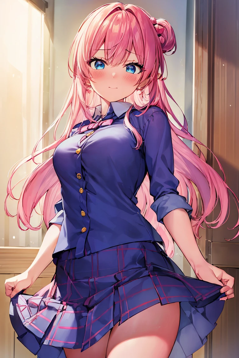 (extremely detailed CG unity 8k wallpaper), (masterpiece), (best quality), (ultra-detailed), (best illustration), (best shadow), (absurdres), ((female body)), 1girl, solo,Akari, 1girl, pink hair, hair ornament, blue eyes, solo, , cowboy shot, skirt left, pussy showing , happy ,blush,no top wear,