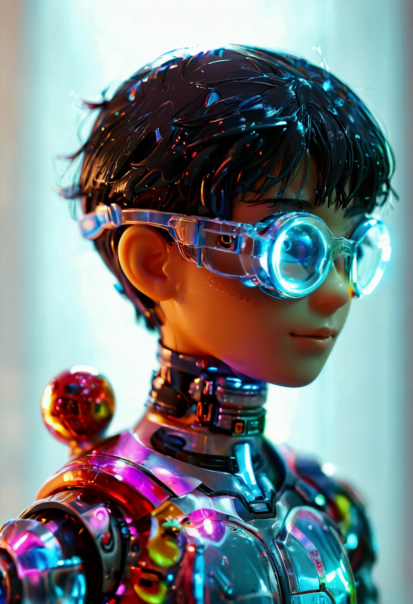 Doraemon, (Blind box toy styles:1.2), (full-body shot) , 1 Transparent Boy,他的身后是一只可爱的透明Doraemon, I am transparent, Exquisite Helmet:1.2, Glasses:1.2, Cyberpunk, Dreamy light, Glowing neon lights, Clean, White background, ( Global Illumination, Fringe Tracking, Human Development Report, Unreal Rendering,Reasonable design, High Detail, Main Part, best quality, HD, light)