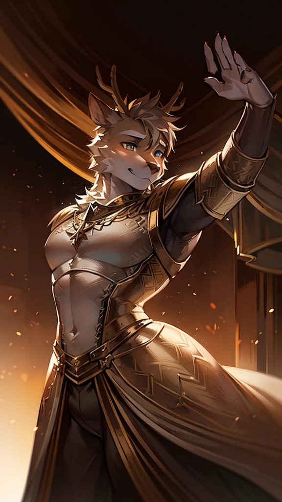 a tall handsome deer wearing knight armor, attractive furry male, giving bedroom eyes, large sun in the background, 8k, photorealistic, ultra-detailed, dramatic lighting, dynamic pose, fantasy art, warm colors, cinematic
