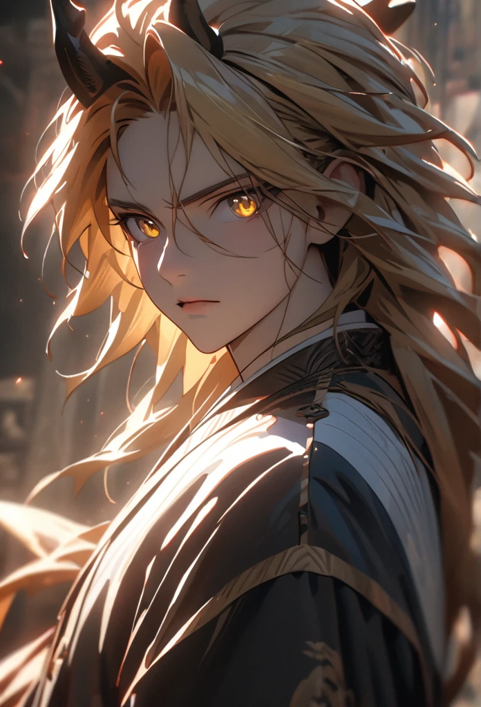 (solo), masculine, yellow hair, messy hair, mane hair, long hair, dense hair, wild hair, expressive hair, mature,(25 year old), pale skin, yellow eyes, ((man)), wearing a long white and blue chinese robe, serious, ((Yellow dragon horns)), handsome, attractive, eye reflection, depth of field, thunder aura,cinematic lighting, ray tracing, depth of field, cinematic lighting, ray tracing, UHD, high details, best quality, highres, high quality, award winning, super detail, masterpiece, 8k, UHD, high details, best quality, highres, high quality, award winning, super detail, masterpiece, 8k, digital art, anime coloring, body shot, good face, perfect face, detailed face, good eyes, facing foward