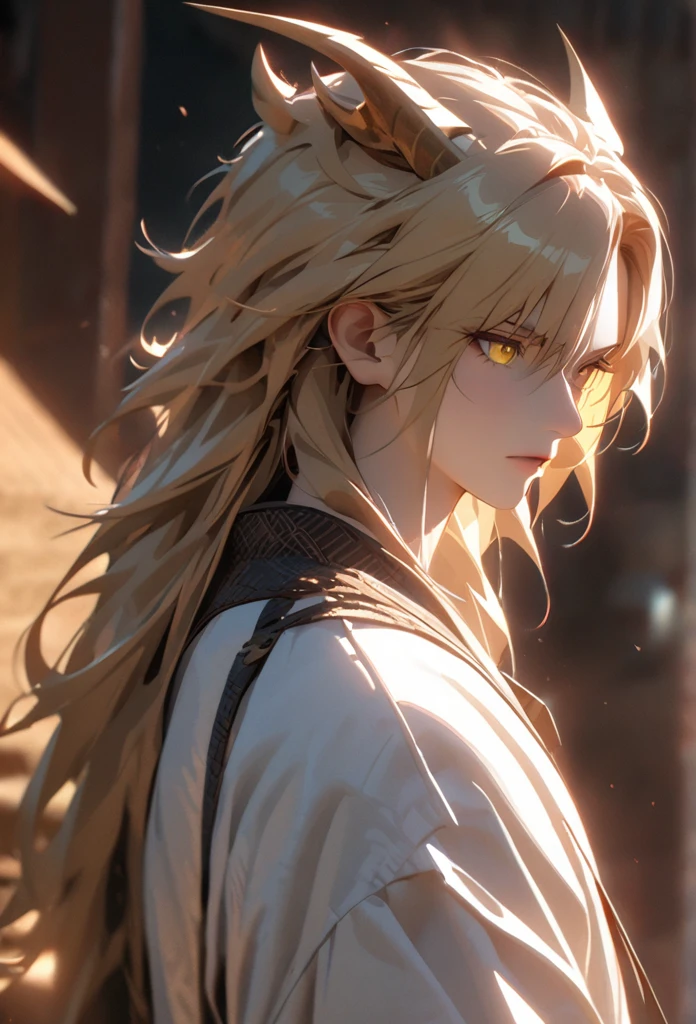 (solo), masculine, yellow hair, messy hair, mane hair, long hair, dense hair, wild hair, expressive hair, mature,(25 year old), pale skin, yellow eyes, ((man)), wearing a long white and blue chinese robe, serious, ((Yellow dragon horns)), handsome, attractive, eye reflection, depth of field, thunder aura,cinematic lighting, ray tracing, depth of field, cinematic lighting, ray tracing, UHD, high details, best quality, highres, high quality, award winning, super detail, masterpiece, 8k, UHD, high details, best quality, highres, high quality, award winning, super detail, masterpiece, 8k, digital art, anime coloring, body shot, good face, perfect face, detailed face, good eyes, facing foward