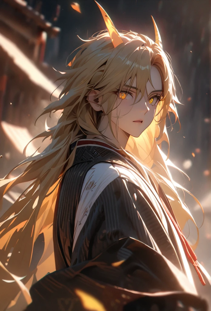 (solo), masculine, yellow hair, messy hair, mane hair, long hair, dense hair, wild hair, expressive hair, mature,(25 year old), pale skin, yellow eyes, ((man)), wearing a long white and blue chinese robe, serious, ((Yellow dragon horns)), handsome, attractive, eye reflection, depth of field, thunder aura,cinematic lighting, ray tracing, depth of field, cinematic lighting, ray tracing, UHD, high details, best quality, highres, high quality, award winning, super detail, masterpiece, 8k, UHD, high details, best quality, highres, high quality, award winning, super detail, masterpiece, 8k, digital art, anime coloring, body shot, good face, perfect face, detailed face, good eyes, facing foward