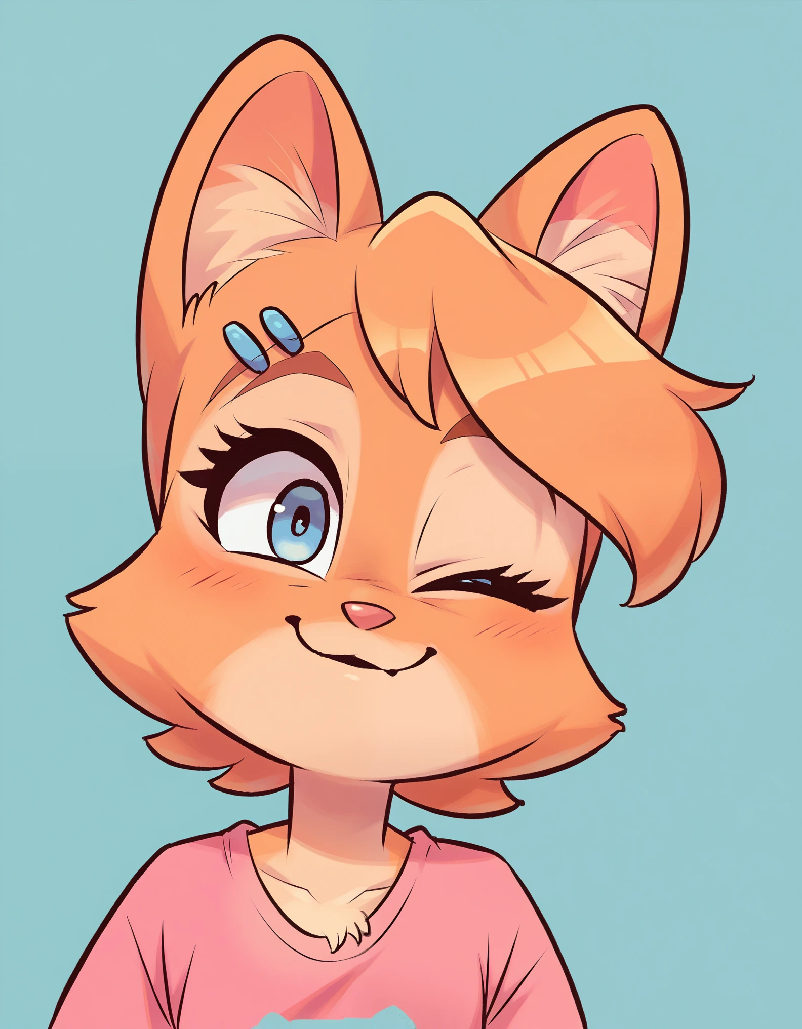 fox, kid giox, yellow hair, ginger fur, blue eyes, cute kid, alonface similar to Diane Foxington, kid , tied h, pink dress, hair clips, sending, 1 eye closed