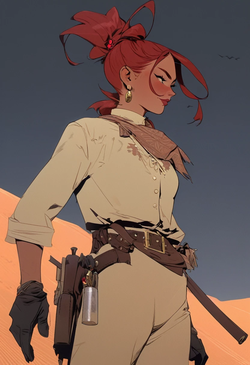 score_9, score_8_up, score_7_up, score_6_up, score_5_up, score_4_up, 1man, Western, Desert, Dark night, Horizon, far away, Wild West, red dead Redemption, cartoon art style, Red hair with two strands popping out at the front, Hair bun, Thick mustache, solo, male, Revolver