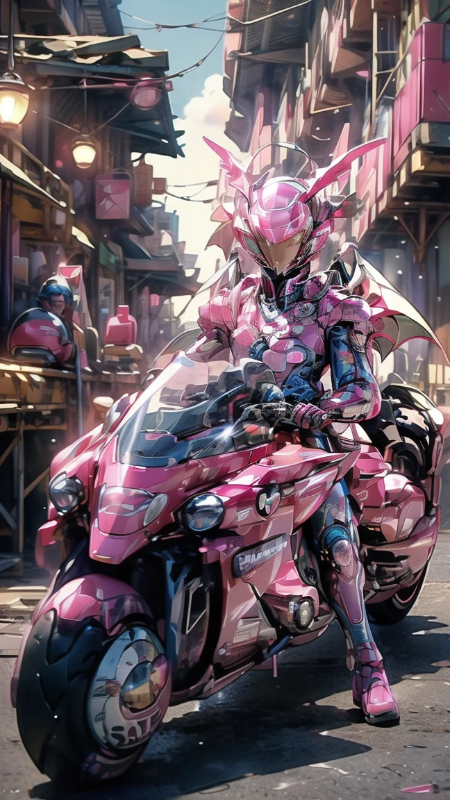 ((best quality)), ((masterpiece)), ((realistic)), (detailed), (photorealistic:1.5), (((succubus ))),((beautiful face, sharp face)), (thick body), (((pink bodysuit))), lights on armor, ((looking at viewer)), dynamic pose, science fiction, hdr, ray tracing, nvidia rtx, super-resolution, unreal 5, subsurface scattering, pbr texturing, post-processing, anisotropic filtering, depth of field, maximum clarity and sharpness, rule of thirds, 8k raw, (luminescent particles:1.4), (extremely detailed cg, unity 8k wallpaper, 3d, cinematic lighting,(((ride high technology motorbike)),(((not wearing helmet )))