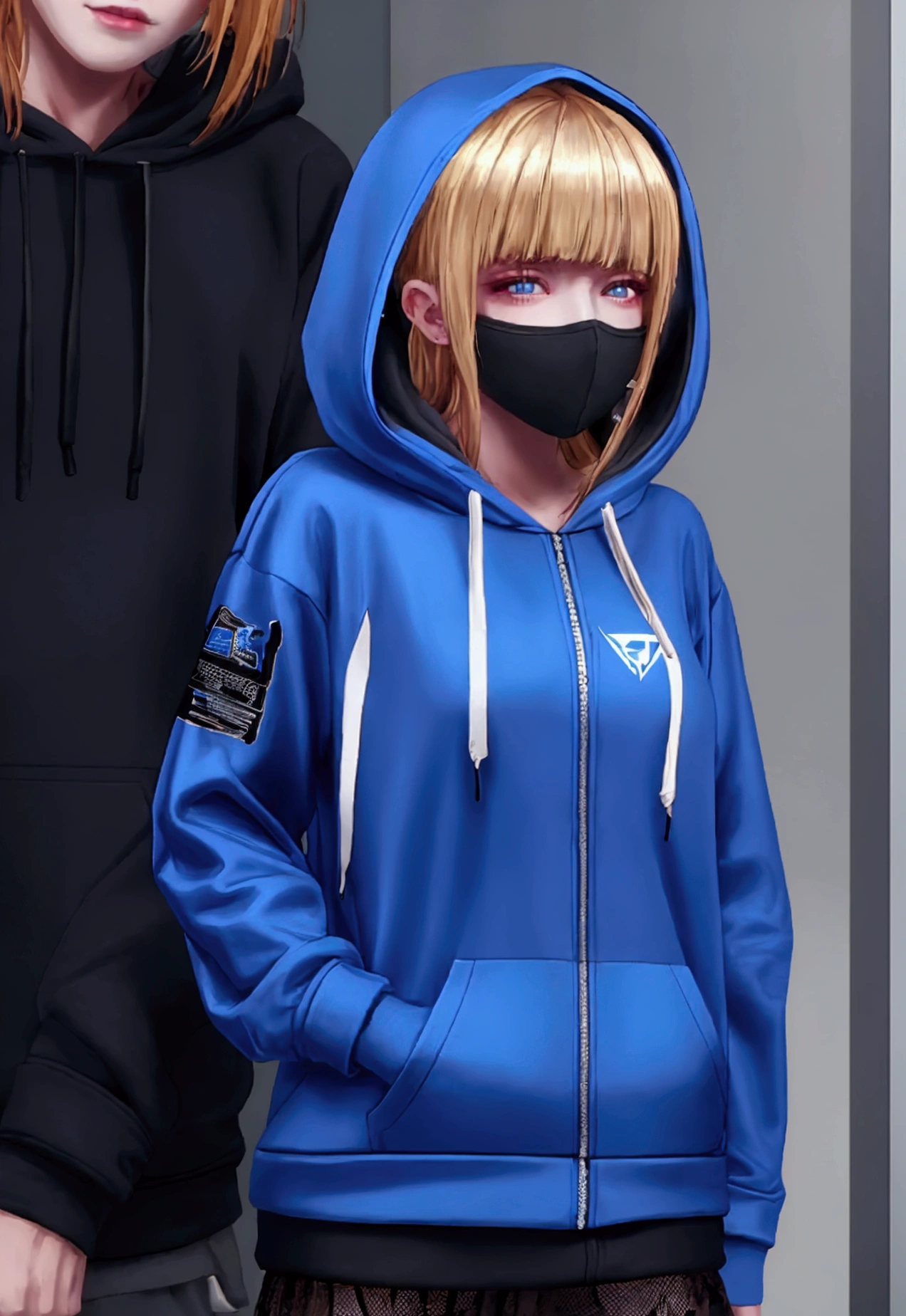 ultra-detailed,highly detailed,best quality,masterpiece,illustration,
a woman wearing a face mask and a black hoodie standing in front of a, girl wearing hoodie, cyberpunk anime girl in hoodie, wearing netrunner clothing, blue hoodie, black hoodie techie, blonde haired girl wearing hoodie, cyberpunk streetwear, wearing hoodie, in a hoodie, wearing cyberpunk streetwear, cyberpunk wearing, woman in streetwear, wearing a hoodie, black hoodie, wearing a blue hoodie, hoodie, dressed black hoodie, decorative dark blue clothing, wearing cyberpunk 2 0 7 7 jacket, in a hood
