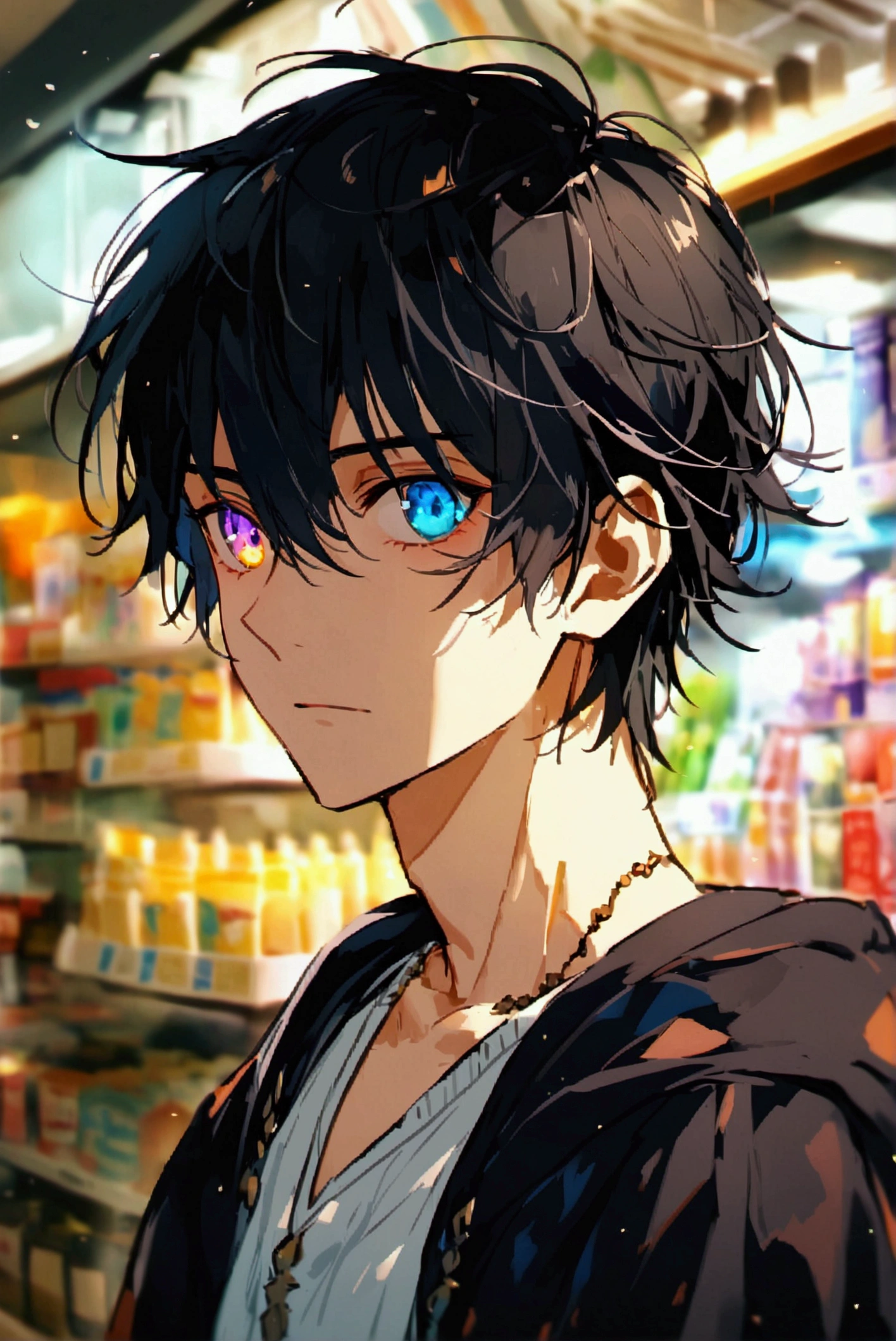 A stunning animie male with Black hair. His eyes are practically covered with his hair. His eyes are two diffrent colors, one blue, one purple, standing, in store
