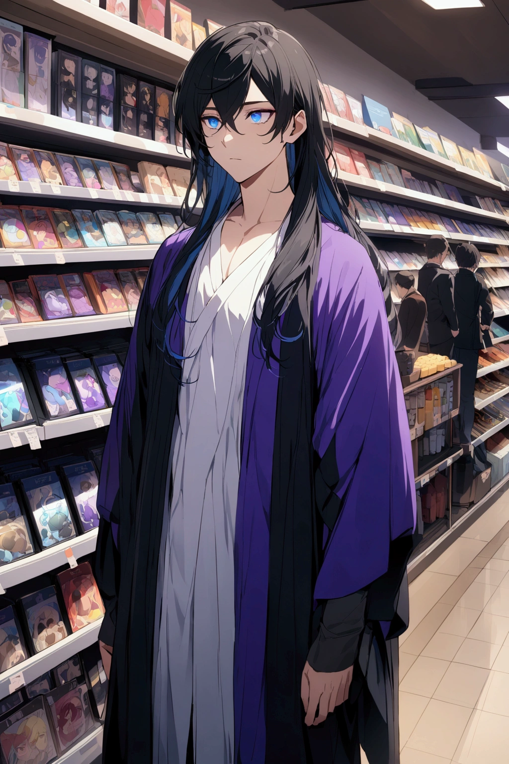 A stunning animie male with Black hair. His eyes are practically covered with his hair. His eyes are two diffrent colors, one blue, one purple, standing, in store