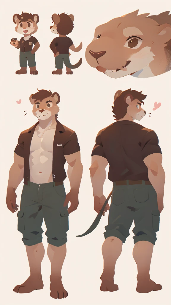Male Furry, 23 years old, male, furry, fluffy, anthropomorphic, light brown-brown, sea lion, reference sheet, full body, detailed features, bushy tail, sharp teeth, realistic fur texture, Medium: Digital Illustration, Front View and rear view, high resolution, professional quality, intricate skin patterns, tough but charismatic personality, attention to anatomy, designed facial structure, in mechanic's clothing, Tall, masculine, without clothes, detailed expressions, well-made eyes