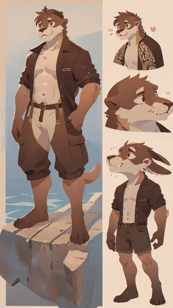 Male Furry, 23 years old, male, furry, fluffy, anthropomorphic, light brown-brown, sea lion, reference sheet, full body, detailed features, bushy tail, sharp teeth, realistic fur texture, Medium: Digital Illustration, Front View and rear view, high resolution, professional quality, intricate skin patterns, tough but charismatic personality, attention to anatomy, designed facial structure, in mechanic's clothing, Tall, masculine, without clothes, detailed expressions, well-made eyes