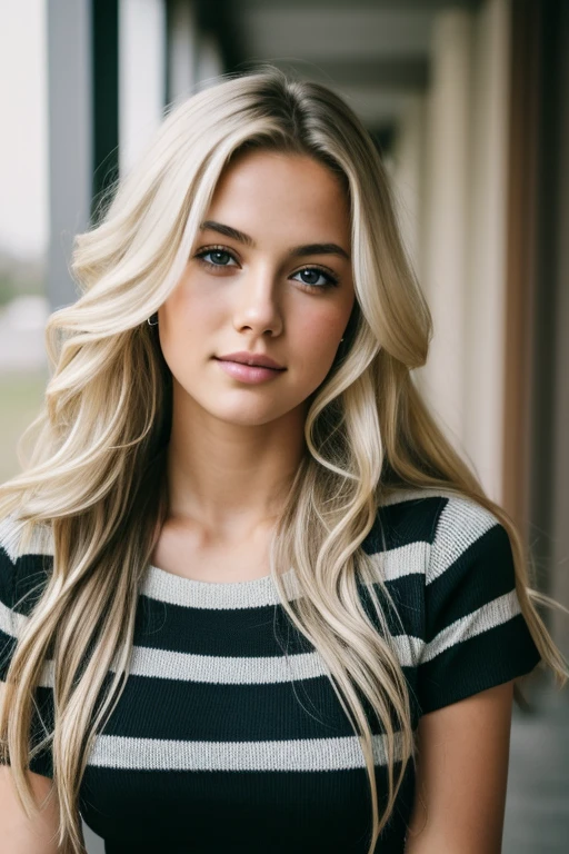 girl in, edad19, Alone, long wavy hair, colossal , long blonde hair, messy and windy, camera facing down at, kneeling on the ground, looking to the camera, half smile, lip biting, by rubio, whole body, (Extremely detailed 8K wallpaper), soft lighting, high quality, film grain, Fujifilm XT3 Sharp Focus, f 5.6, 50mm, high detail, sharp focus,(natural light), (seductive), Knitted sports top, thick stripes, sheer black skirt, developer, realist, a sexy, atractiva seductivea